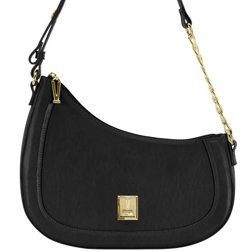 Bolsa feminina tiracolo Vizzano curva preta com detalhes dourados e acabamento liso